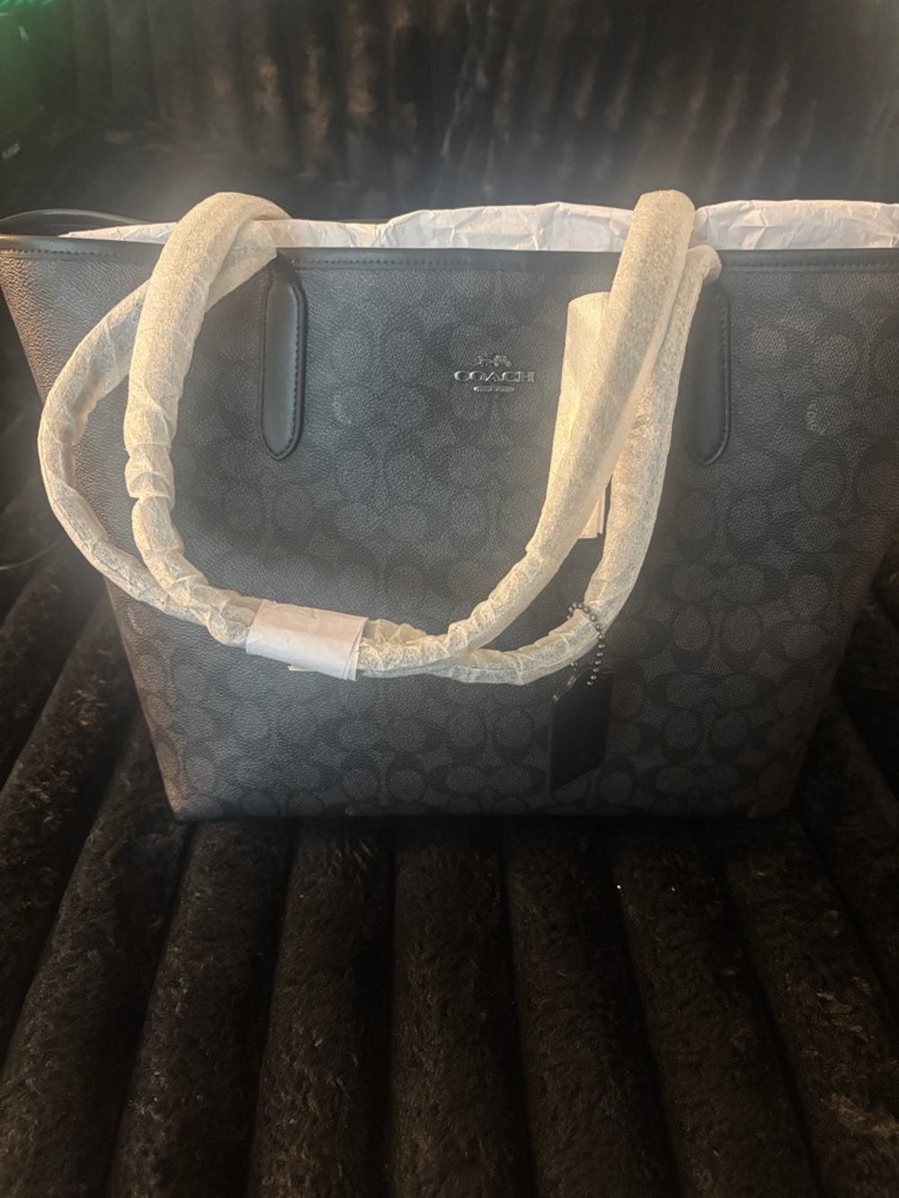 Coach Black Signature City Tote Bag with Dark Gray Monogram
